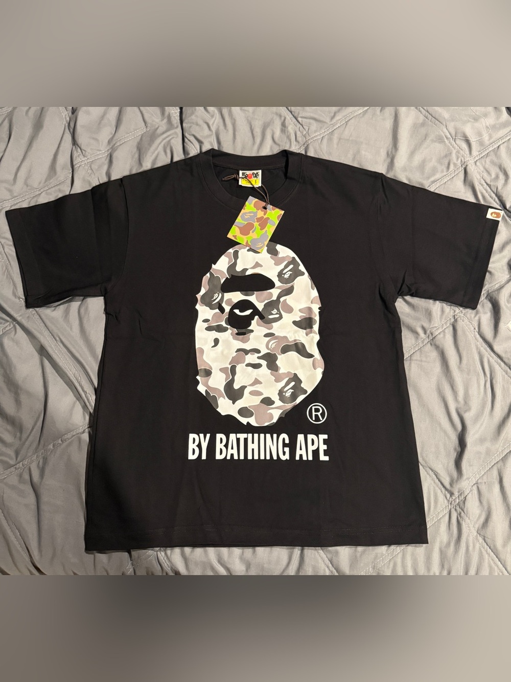 BAPE White Tee with Black & Gray Camo Ape Head